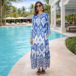 Debbie Katz Ikat Kaftan Maxi Dress Blue White Boho Cover Up Embroidered Cotton